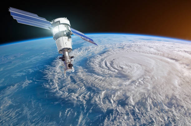 Research, probing, monitoring hurricane Florence raging on the coast. Satellite above the Earth makes measurements of the weather parameters. Elements of this image furnished by NASA