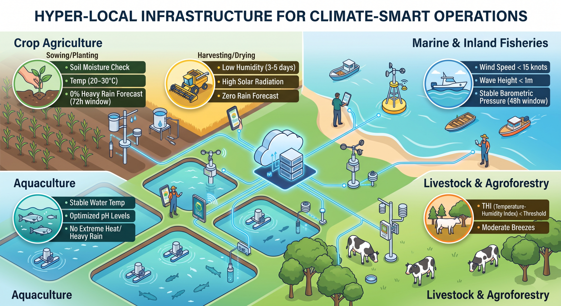 Integrated climate-smart infrastructure for agriculture, fisheries, and livestock.