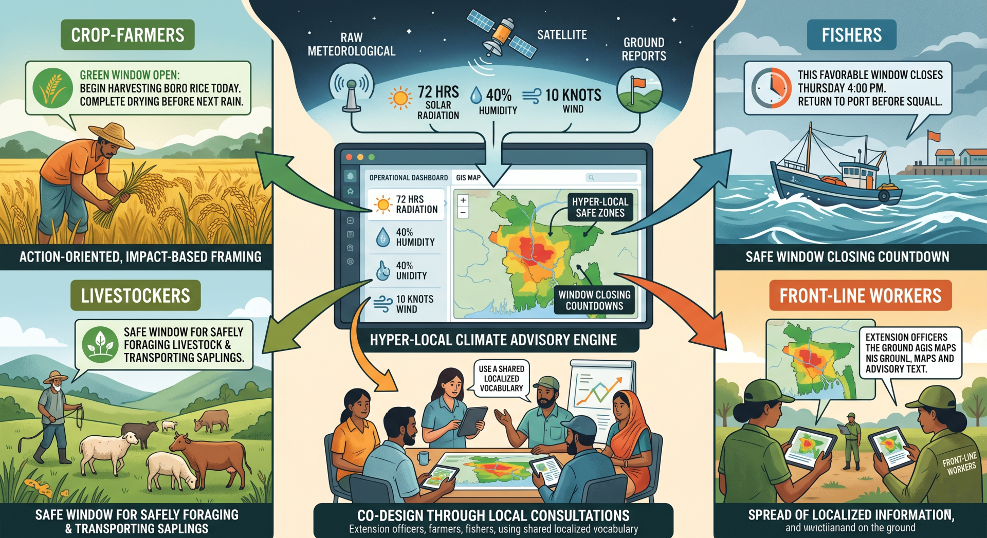 Illustration of multi-hazard early warning system with climate, weather, and disaster alerts.