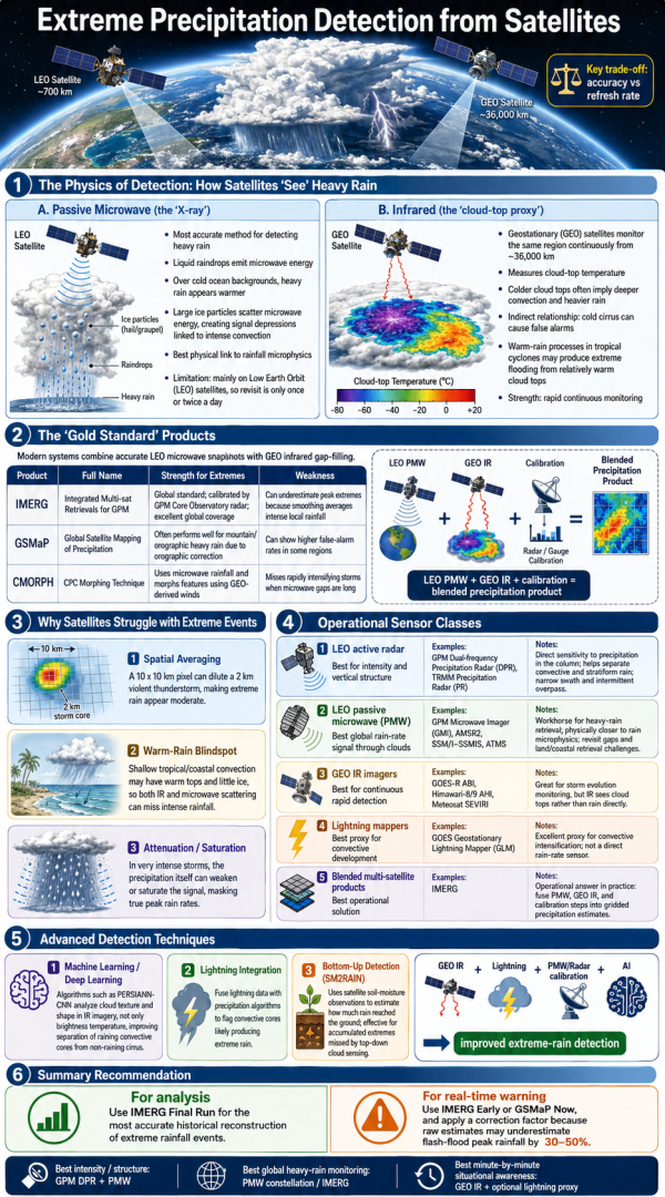 Satellite-based extreme precipitation detection for hazard warning systems.
