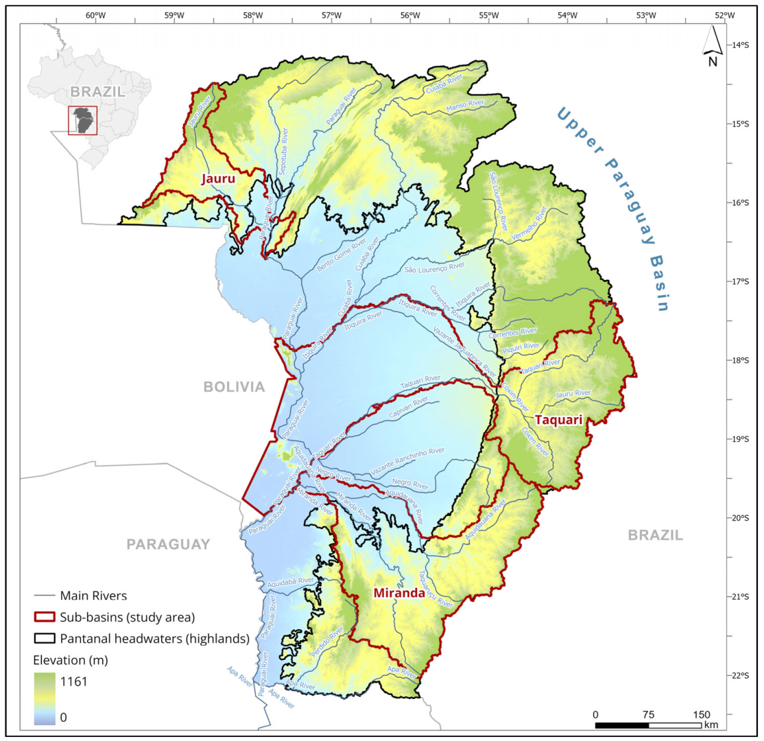 Map of Paraguay showing rivers, sub-basins, and highlands for early warning.