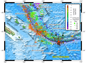 Vanuatu earthquake and tsunami hazard map with seismic activity and warning zones.