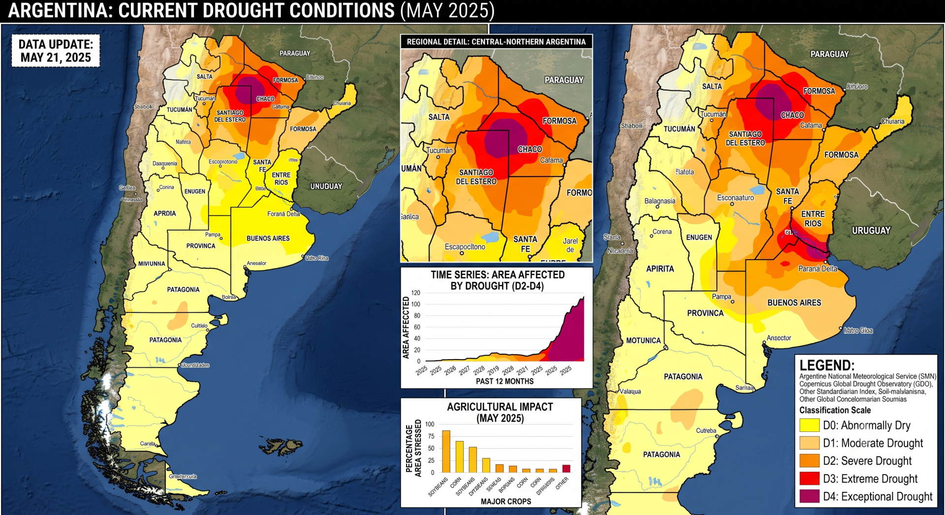 Map showing drought severity across Argentina in May 2025.