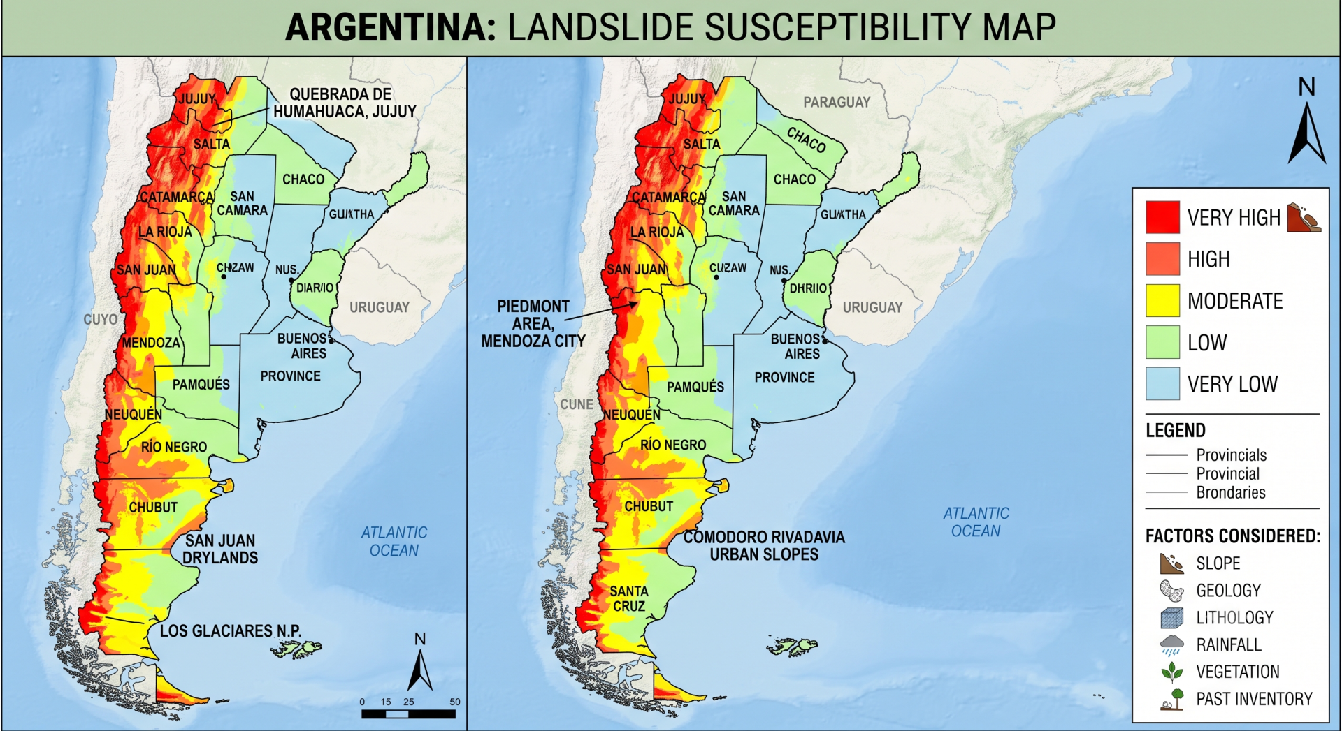 Landslide risk map of Argentina showing very high to very low zones.