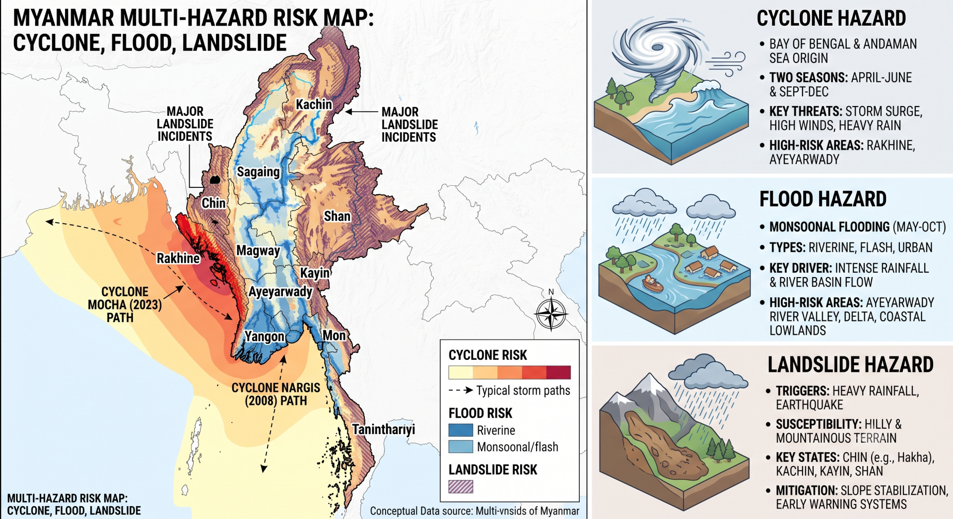 Myanmar multi-hazard risk map showing cyclone, flood, and landslide hazards.